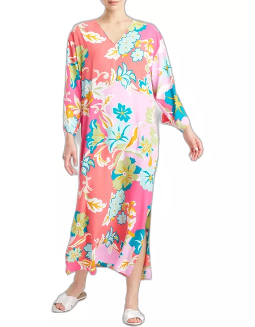Marbella Floral-Print Long-Sleeve Maxi Caftan Dres