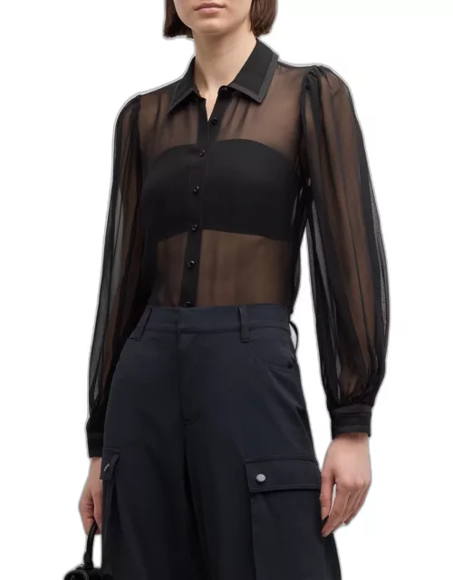 Roanne Sheer Blouson-Sleeve Button-Front Shirt