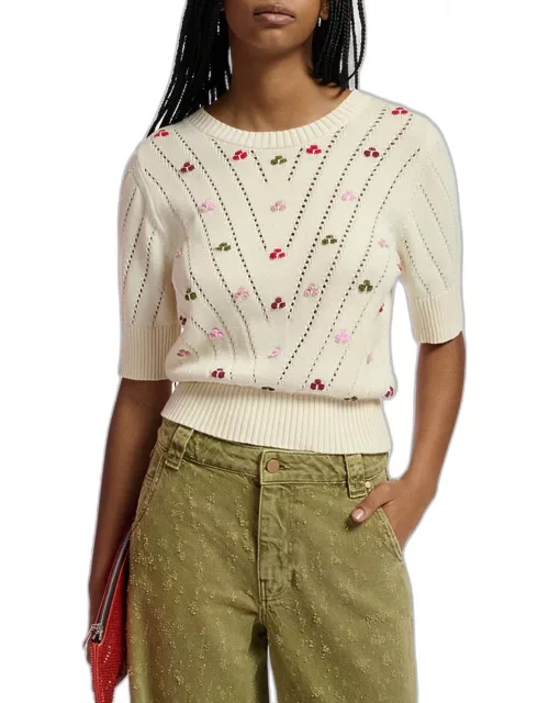 Fare Embroidered Pointelle-Knit Organic Cotton Short-Sleeve Sweater