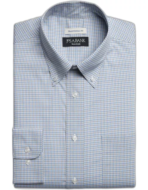JoS. A. Bank Big & Tall Men's Traveler Collection Traditional Fit Tattersall Button-Down Collar Dress Shirt , Grey, 19 36