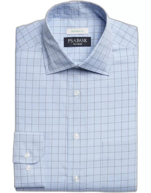 JoS. A. Bank Men's Traveler Collection Tailored Fit Spread Collar Glen Check Dress Shirt, Blue, 16 32
