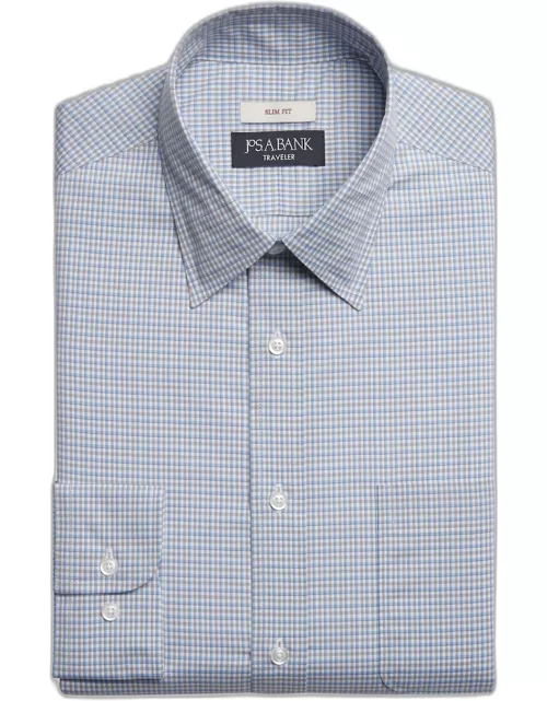 JoS. A. Bank Men's Traveler Collection Slim Fit Tattersall Point Collar Dress Shirt, Grey, 16 34