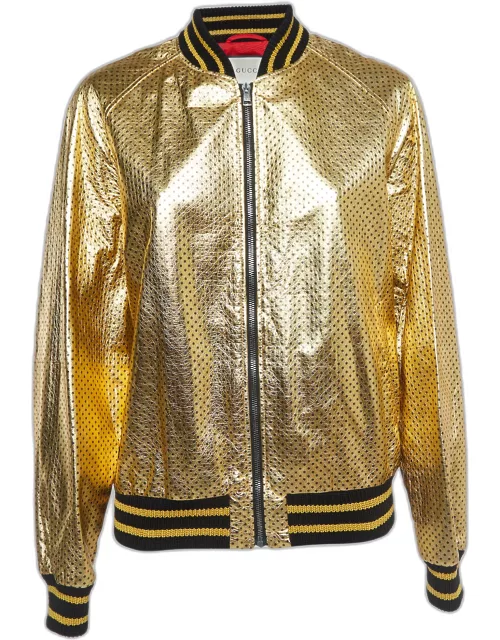 Gucci Gold Metallic Stars Print Crinkle Leather Bomber Jacket