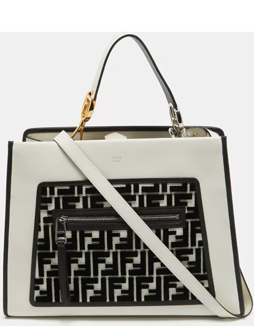 Fendi White/Black Leather and Velvet FF Runaway Top Handle Bag