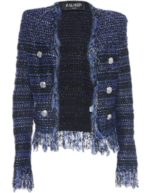 Balmain Blue Lurex Tweed Fringed Open Front Jacket