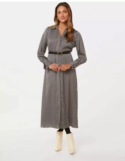 Forever New Women's Janine Petite Satin Midi Shirt Dress in Navy Kitson Geo