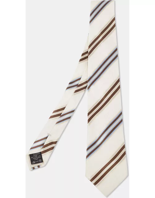 Ermenegildo Zegna Off White Striped Silk and Linen Tie