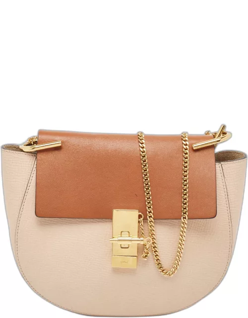 Chloe Peach/Brown Pebbled Leather Medium Drew Shoulder Bag