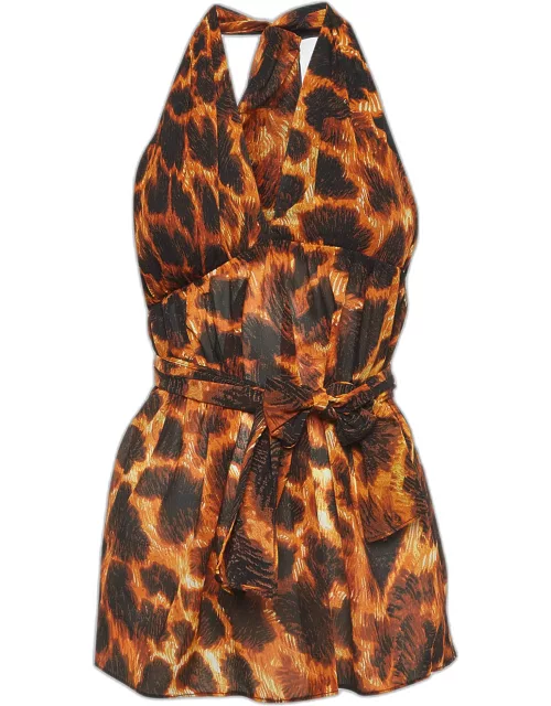 Just Cavalli Orange/Black Animal Print Silk Halter Neck Tunic
