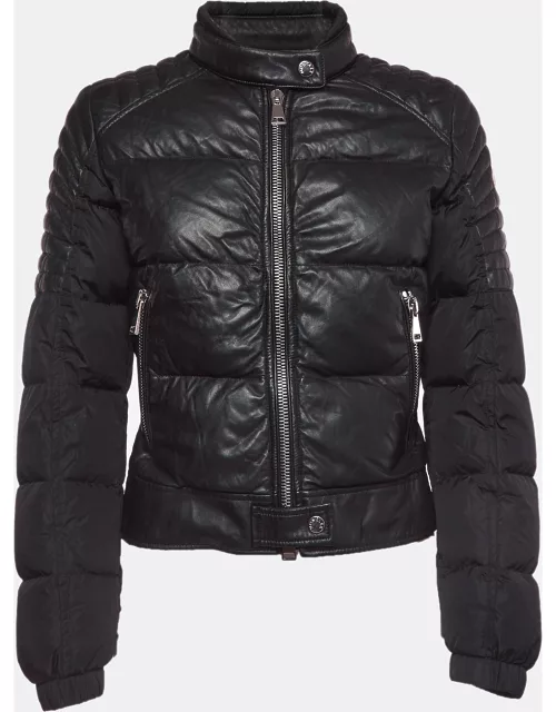 Moncler Black Logo Applique Leather Trim Nylon Zipper Puffer Jacket