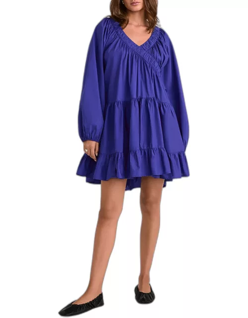 Dawn Tiered Blouson-Sleeve Poplin Mini Dres