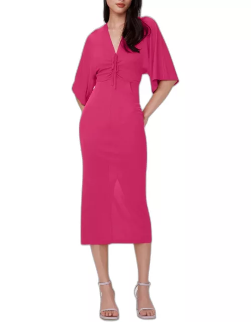 Valerie Ruched Elbow-Sleeve Bodycon Midi Dres