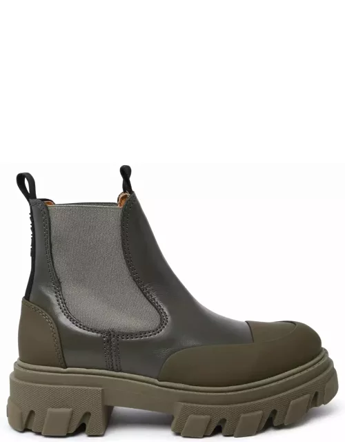 Ganni Green Leather Ankle Boot