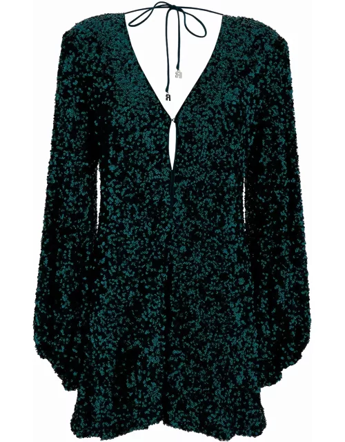Rotate by Birger Christensen Mini Green Dress With V Neckline And All-over Paillettes In Recycled Fabric Woman