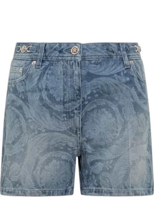 Versace Shorts In Denim With Baroque Silhouette Pattern