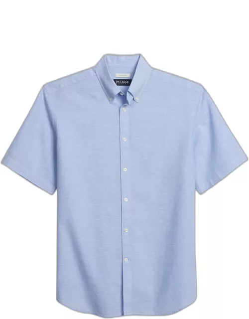 JoS. A. Bank Men's Tailored Fit Linen Blend Short Sleeve Casual Shirt, Light Blue, Mediu