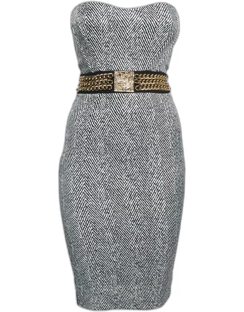 Elisabetta Franchi Black Print Nylon Blend Chain Detail Strapless Mini Dress