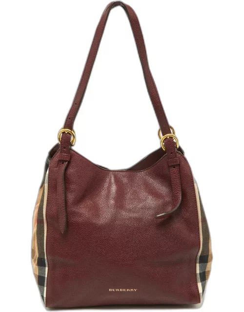 Burberry Burgundy/Beige House Check Fabric and Leather Small Canterbury Tote