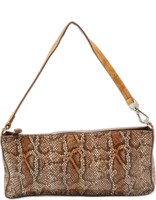 Alviero Martini 1A Classe Brown Python Embossed and Leather Zip Baguette Bag