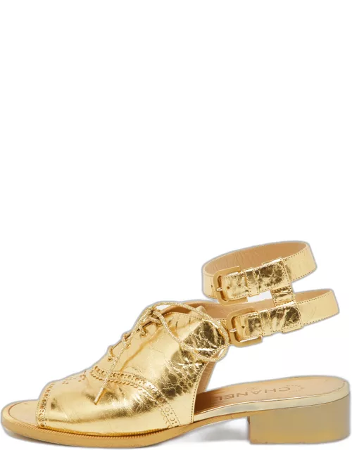 Chanel Gold Brogue Leather Lace Up Ankle Strap Sandal
