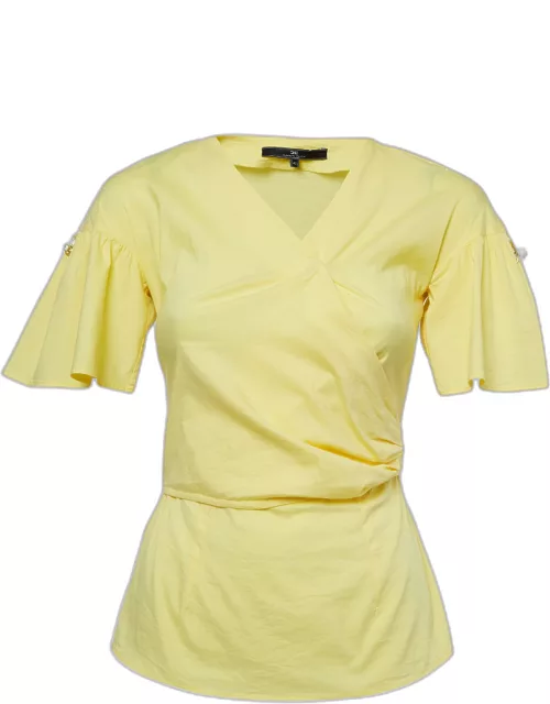 Elisabetta Franchi Yellow Stretch Cotton Flutter Sleeve Wrap Top