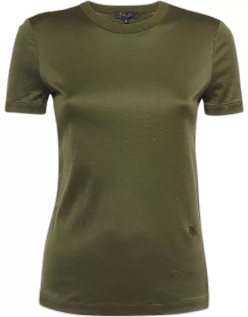 Loro Piana Olive Green Logo Embroidered Cotton Knit Fitted T-Shirt
