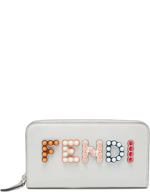 Fendi Grey Leather Logo Studded Zip Around Wallet