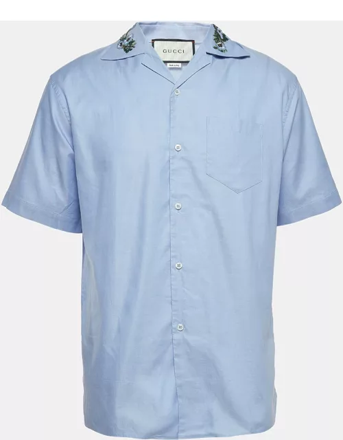 Gucci Blue Embroidered Cotton Short Sleeve Shirt