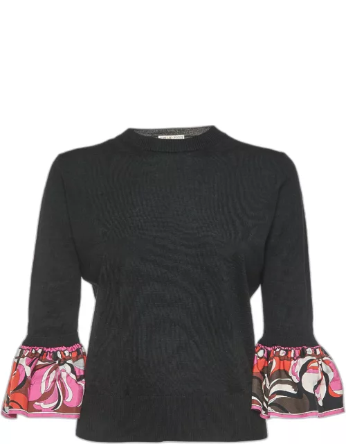 Emilio Pucci Black Printed Wool and Silk Flared Sleeve T-Shirt