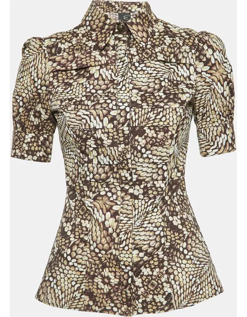 Just Cavalli Brown Printed Cotton Pleated Short Sleeve Shirt