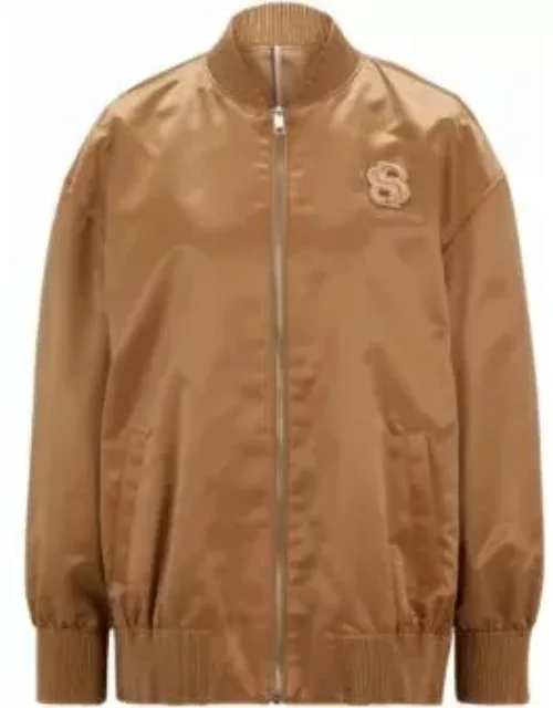 Sateen bomber jacket with double monogram embroidery- Beige Women's Casual Jacket