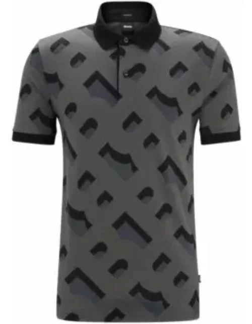 Monogram-jacquard polo shirt in mercerized stretch cotton- Black Men's Polo Shirt