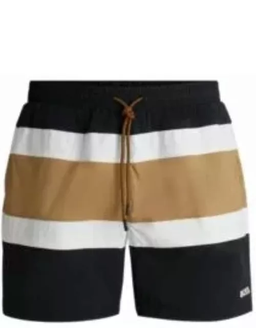 Quick-dry swim shorts with block stripes- Black Men's Swim Short
