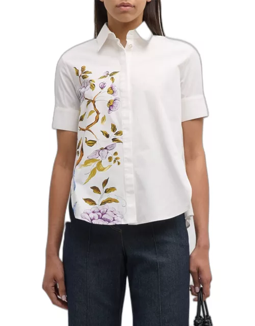 Flower-Print Sort-Sleeve Collared Poplin Trapeze Shirt