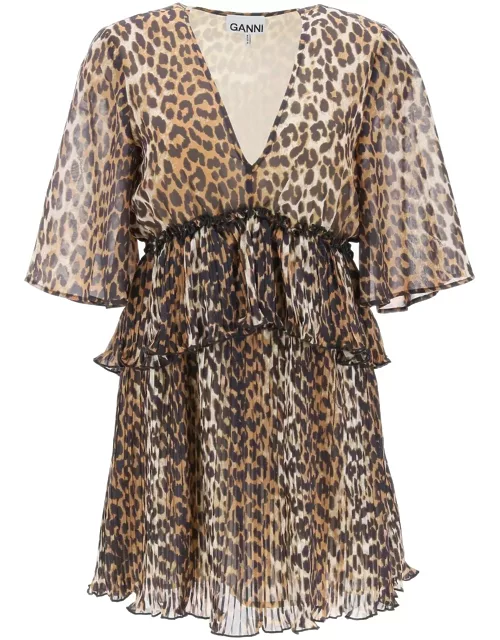 Ganni Pleated Mini Dress With Leopard Motif