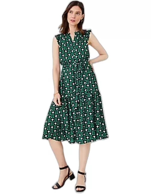 Ann Taylor Petite Floral Tile Ruffle Belted Flare Dres