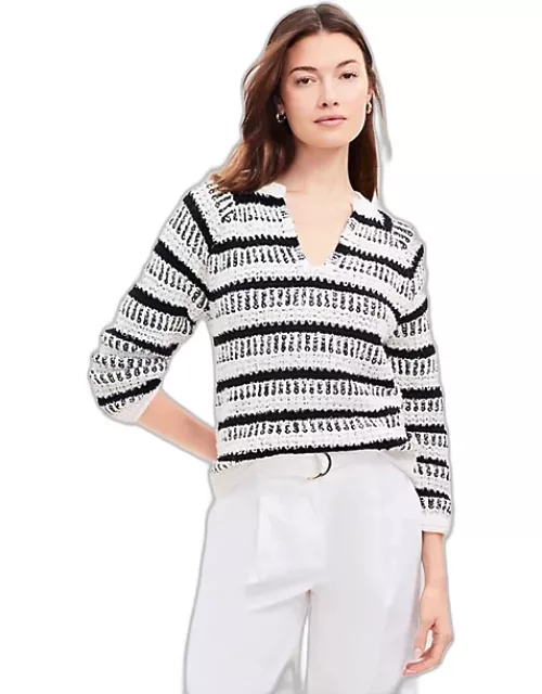 Loft Stripe Open Stitch Split Neck Sweater