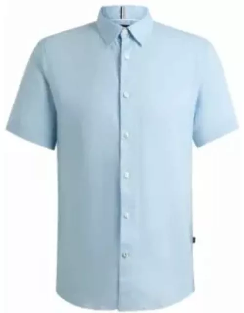 Slim-fit shirt in stretch-linen chambray- Light Blue Men's Casual Shirt