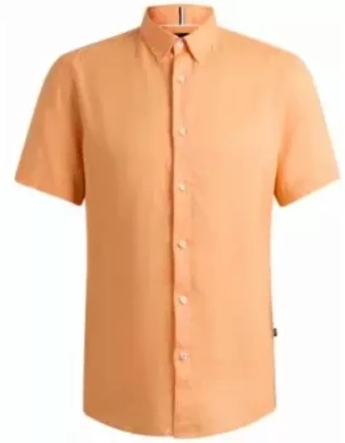 Slim-fit shirt in stretch-linen chambray- Orange Men's Casual Shirt