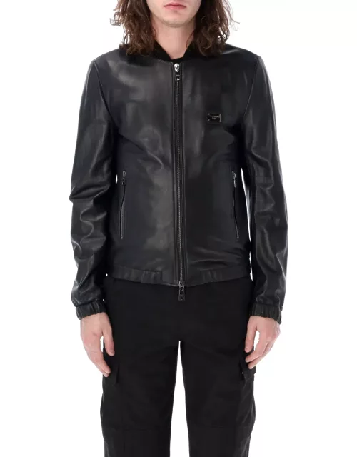 Dolce & Gabbana Leather Jacket With Logo Plaque