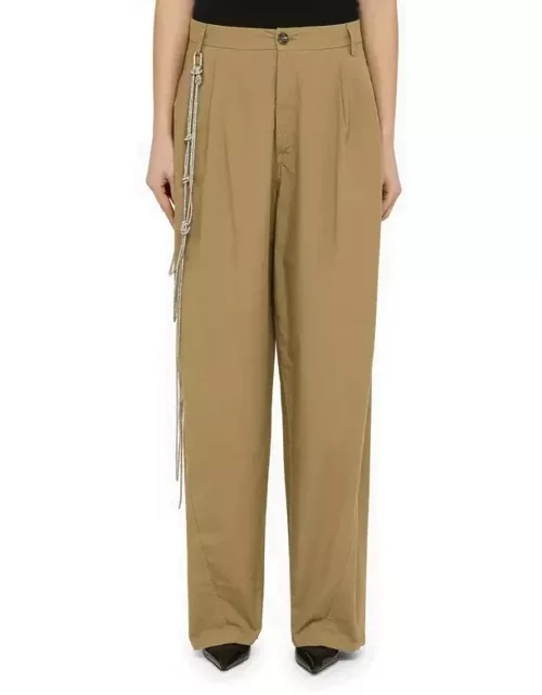 Phebe beige cotton wide trousers with chain