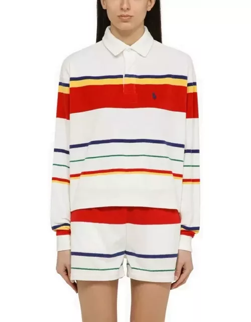 Multicoloured striped white terry polo shirt