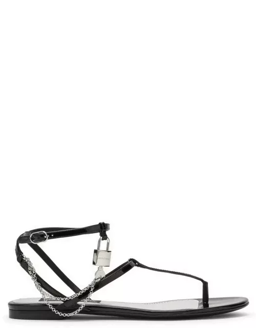 Black patent leather thong sandal with chain