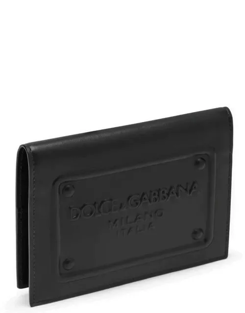 Black leather passport holder with logoed plaque
