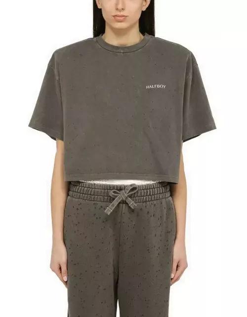 Cropped T-shirt with maxi shoulders in black washed-out effect