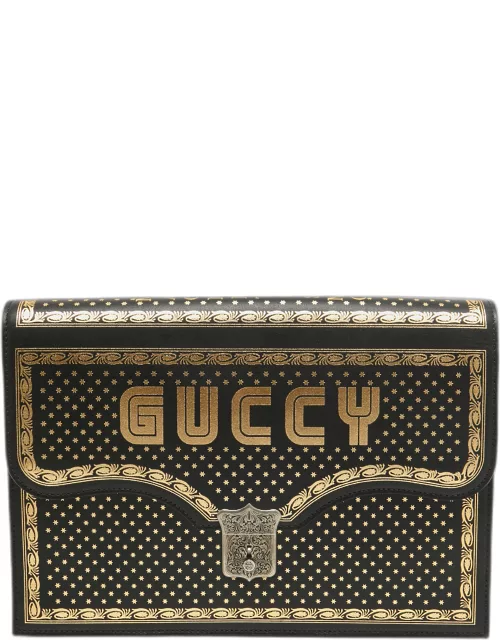 Gucci Black/Gold Leather Printed GUCCY Portfolio Clutch