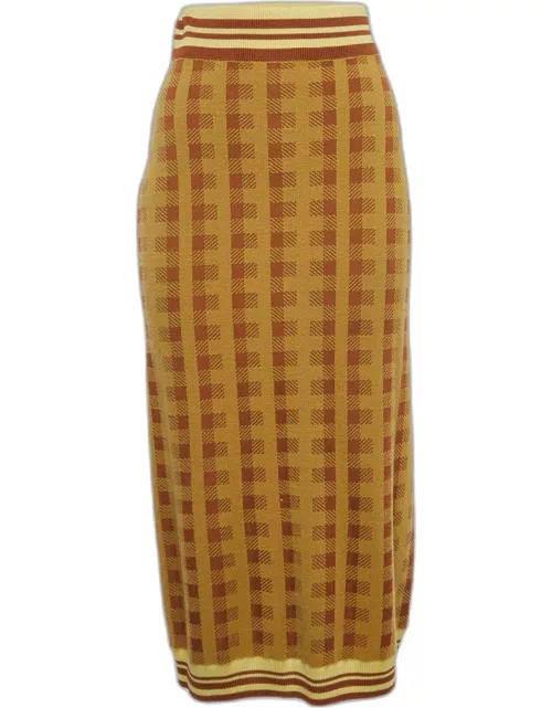Dries van Noten Yellow/Brown Checked Knit Midi Skirt