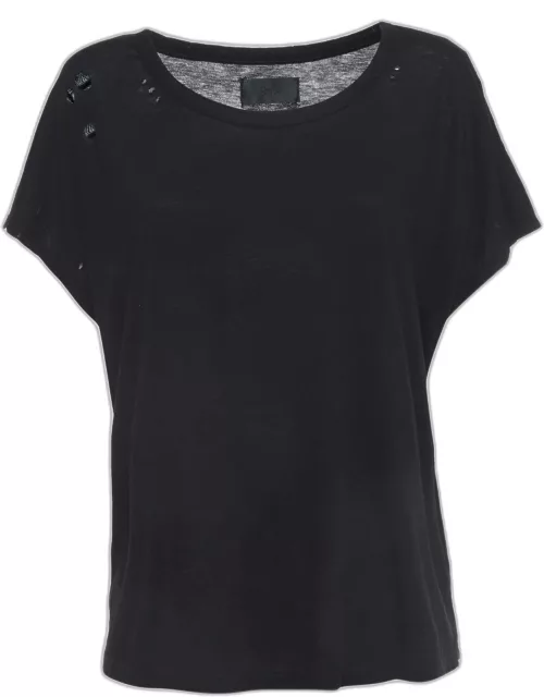 RTA Black Cotton Distressed Crop T-Shirt