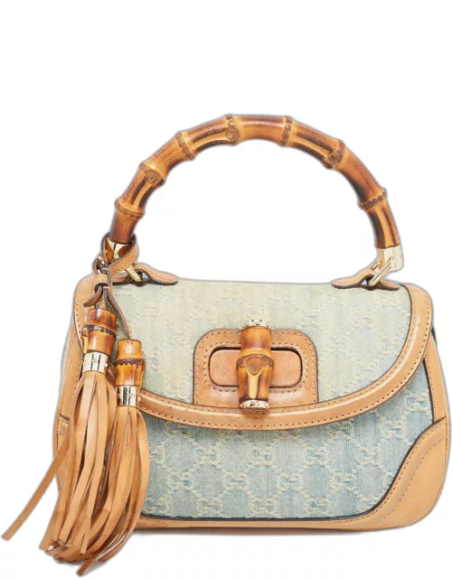 Gucci Light Blue/Beige GG Canvas and Leather Bamboo Top Handle Bag