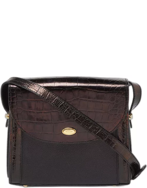 Bally Black Leather and Croc Embossed Leather Vintage Flap Crossbody Bag